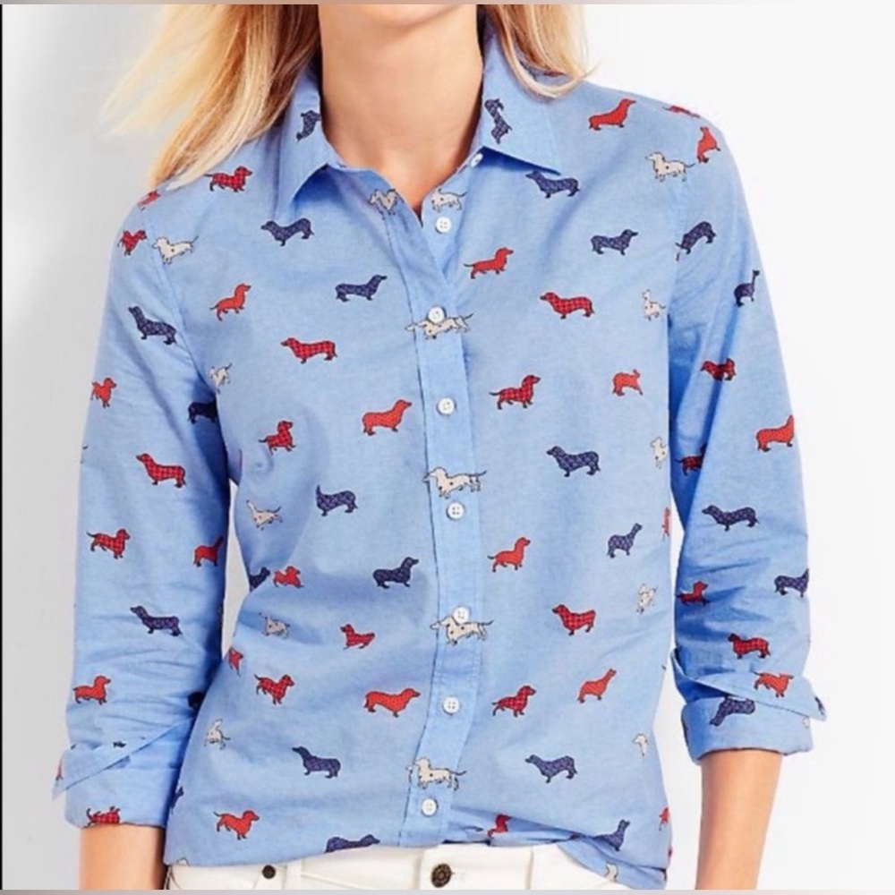 Talbots Dachshund Print Button Down Shirt Women’s Small Blue Dog Novelty Top